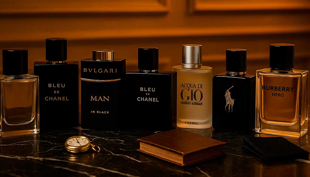 Frascos elegantes de perfumes masculinos dispostos sobre bancada de mármore escuro, acompanhados de um relógio de bolso, livro antigo e lenço fino, com fundo clássico em tons dourados.