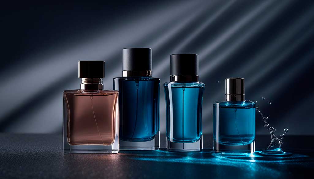 Perfumes masculinos sedutores dispostos sobre fundo elegante e moderno