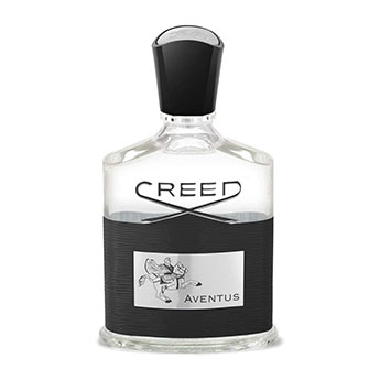 Frasco refinado do Creed Aventus com rótulo prateado e preto.