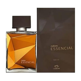 Frasco sofisticado do perfume Essencial da Natura com tons amadeirados e acabamento dourado.