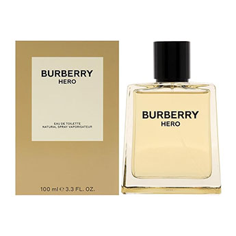 Frasco do perfume Burberry Hero sobre fundo neutro com iluminação natural.