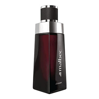 Frasco robusto do perfume Malbec do Boticário com design escuro e elegante.