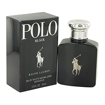Frasco escuro e elegante do perfume Polo Black da Ralph Lauren sobre fundo moderno.