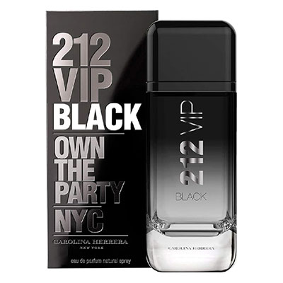 Perfume masculino sedutor 212 VIP Black da Carolina Herrera com frasco moderno.