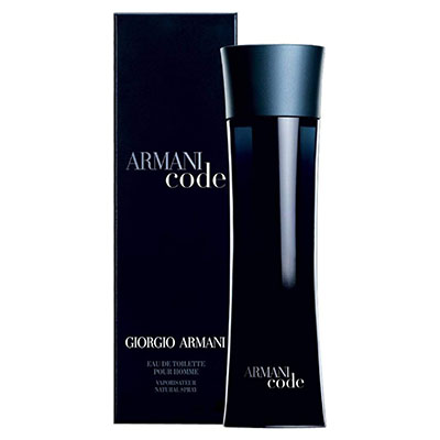 Perfume masculino Armani Code com frasco escuro sobre fundo minimalista.