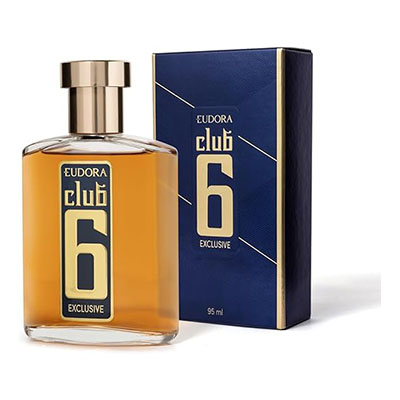 Perfume Club 6 Exclusive da Eudora com frasco metálico em fundo sofisticado.