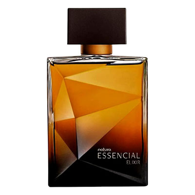 Frasco do Essencial Elixir da Natura com tom âmbar e detalhes dourados.