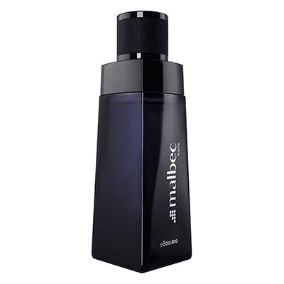 Perfume nacional Malbec Noir com frasco escuro sobre fundo elegante.
