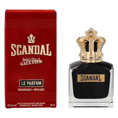 Frasco de Scandal Pour Homme com tampa diferenciada e design ousado.