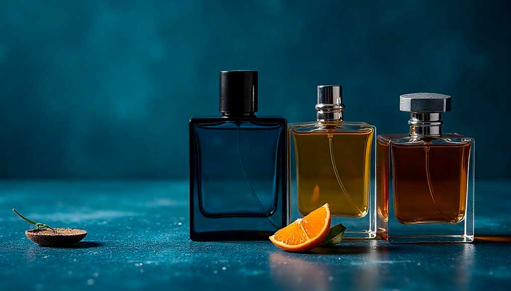 Frascos de perfumes masculinos importados organizados sobre uma superfície elegante, representando opções com ótimo custo-benefício para 2025.