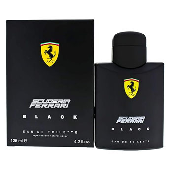 Frasco do perfume Ferrari Black, estilo esportivo discreto, representando perfumes masculinos importados com bom custo-benefício.