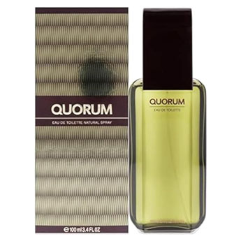 Frasco do perfume Quorum, estilo seco, formal, representando perfumes masculinos importados com bom custo-benefício.