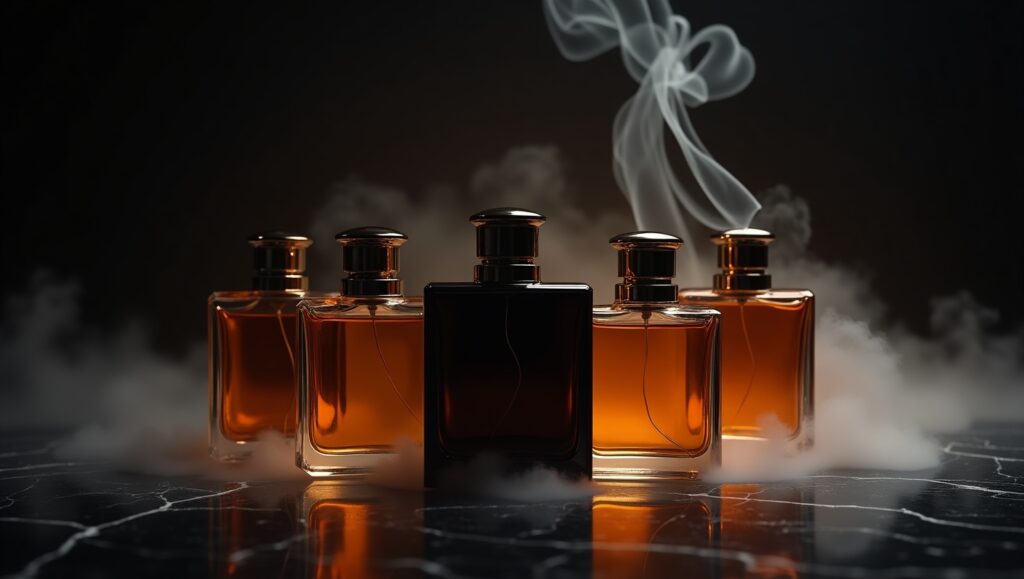rascos de perfumes masculinos em cenário escuro com iluminação lateral e efeito de rastro visual no ar.